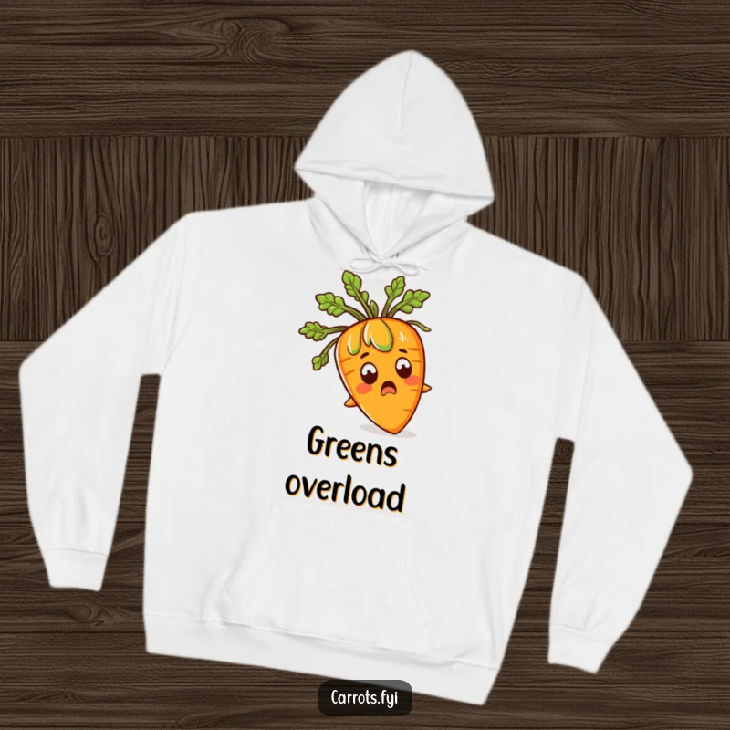 Funny hoodie with a wide-eyed, surprised carrot character sporting a shock of green leafy hair, perfect for comfortable humor.
