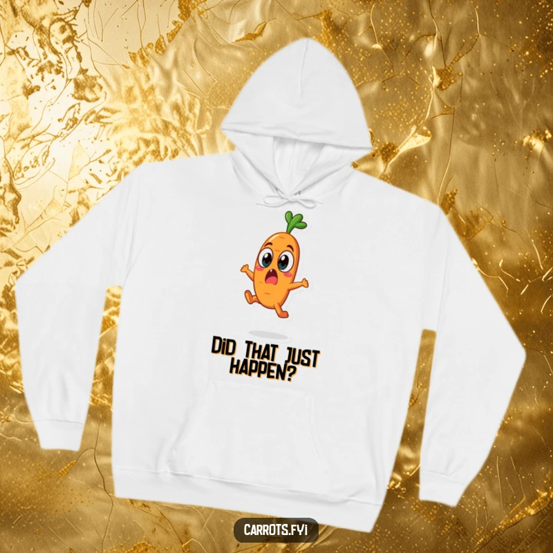 Funny carrot character in a surprised leap wearing a cozy hoodie, depicting shock humorously.