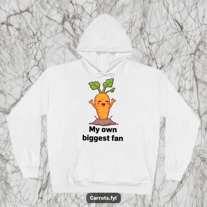 Funny carrot hoodie showing a proud carrot hero pulling itself heroically from the ground, exuding a hilarious sense of accomplishment.