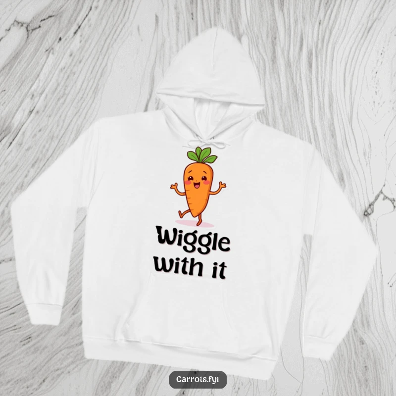 Funny Carrot Hoodie: A cozy hoodie featuring a carrot character doing a funny, wiggling dance, ready for fun.
