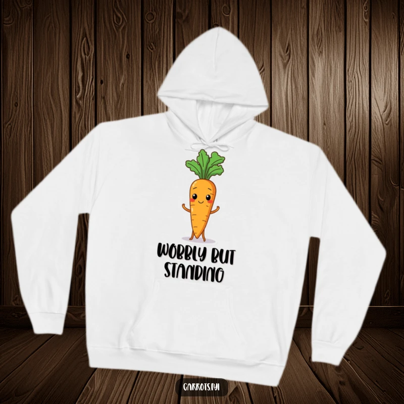 Funny hoodie with a wobbly carrot character humorously depicted trying to stand straight, a cozy and comical wearable.