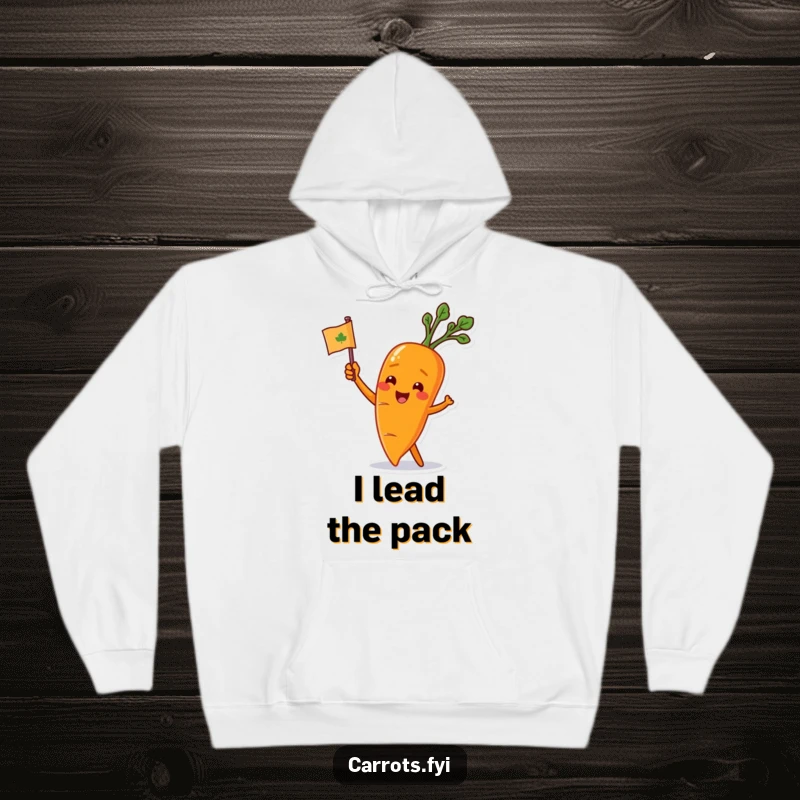 Funny carrot character waving a small flag, featured on a soft hoodie for warm, spirited moments.