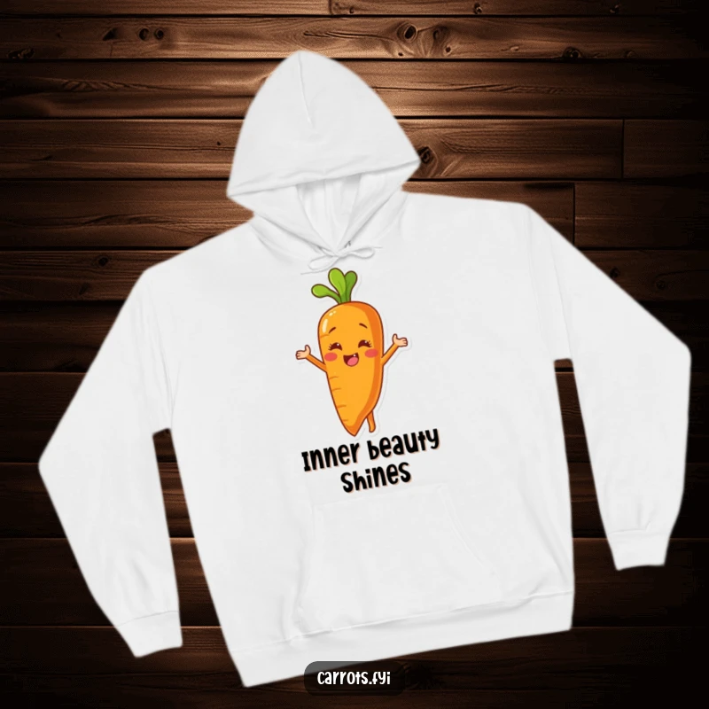 Funny hoodie depicting a carrot character in the process of peeling itself to reveal a bright, smiling, happy inner side.