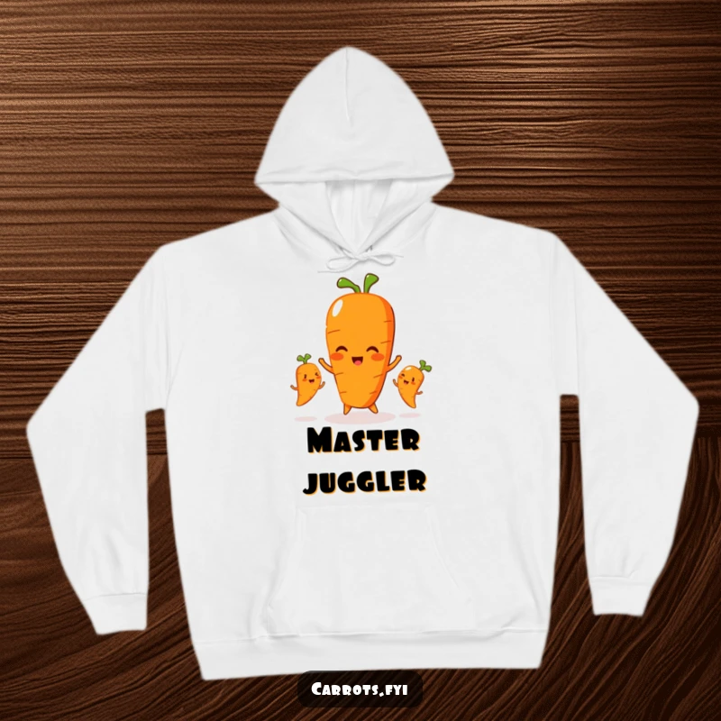 Funny hoodie depicting a carrot character playfully juggling three smaller, smiling carrots, representing family bonds and humor.