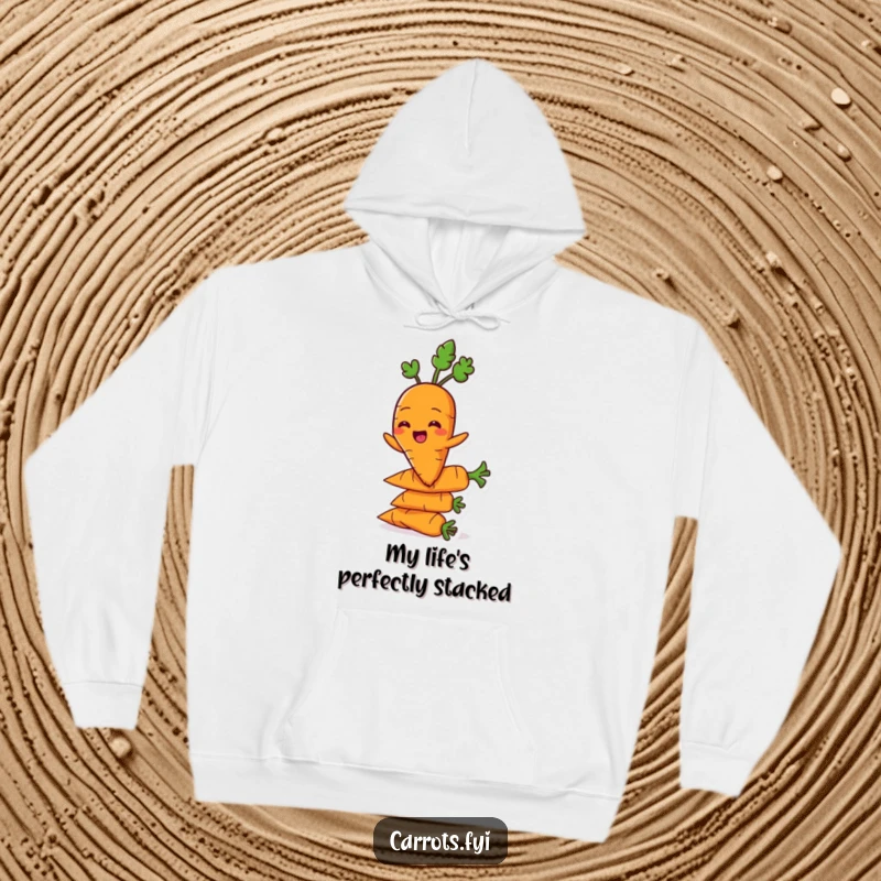 Funny carrot character grinning and balancing on carrots while wearing a cozy hoodie, showing veggie poise.