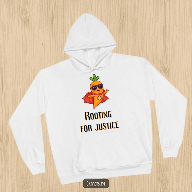 Funny carrot character in a superhero cape flying high, a warm and humorous hoodie for everyday heroes.