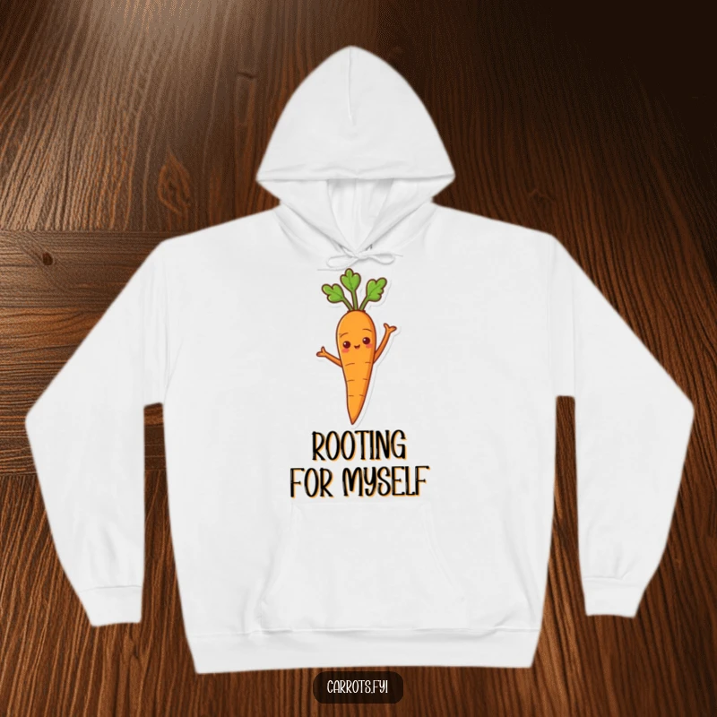 Funny hoodie showcasing a cartoon carrot standing tall with arms akimbo, radiating pride.