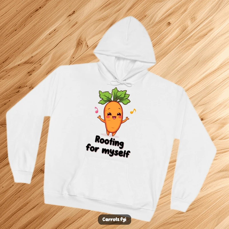 Funny hoodie displaying a happy carrot character in mid-juggle with its leafy top, a symbol of cheerful gardening fun.