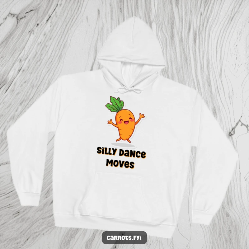 Funny cheerful carrot hoodie with a grin, performing a silly dance, offering cozy warmth and playful vibes.