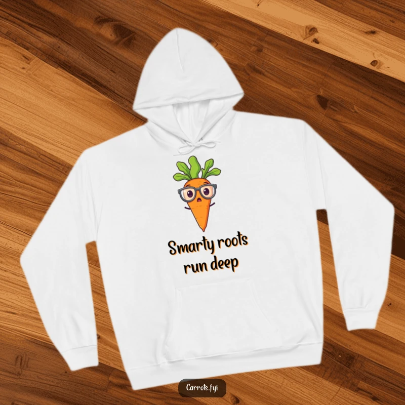 Funny hoodie showcasing a cartoon carrot in oversized spectacles with a look of pure, comical surprise.