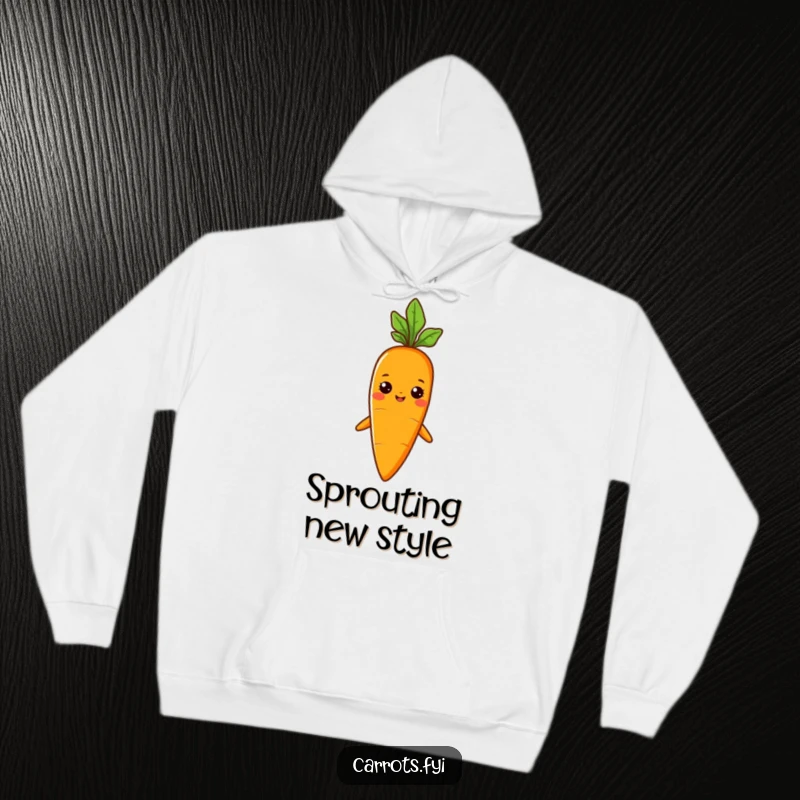 Funny hoodie with a carrot character sporting a miniature sprout hat, looking proud and exceptionally fashionable.