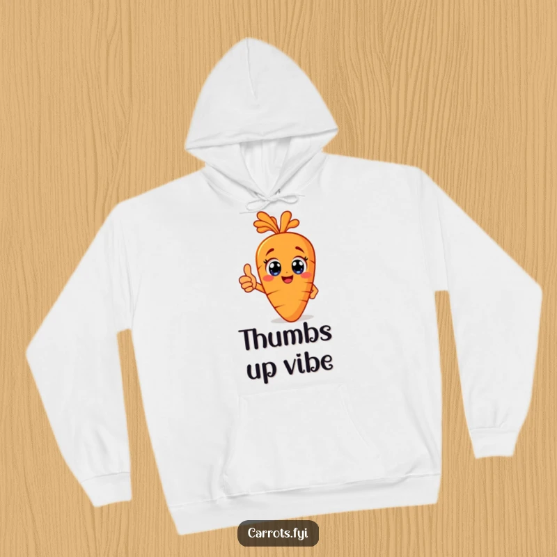 Funny happy carrot hoodie with big eyes, giving a thumbs up, offering cozy warmth and cheerful encouragement.