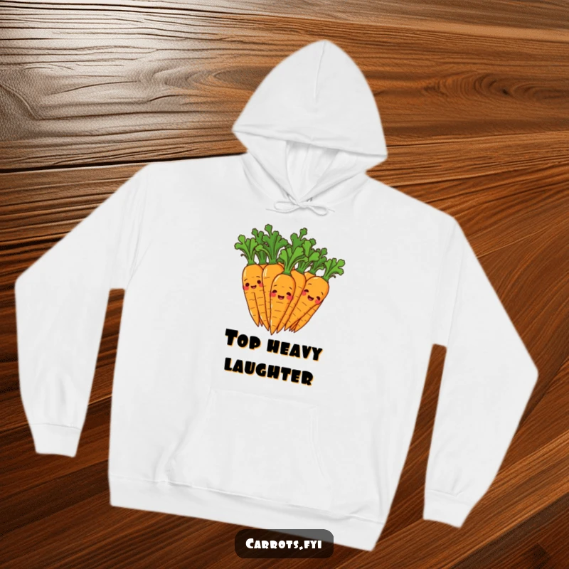 Funny hoodie showing a group of happy carrot characters giggling uncontrollably, their leafy tops wiggling energetically, creating a scene of pure fun.