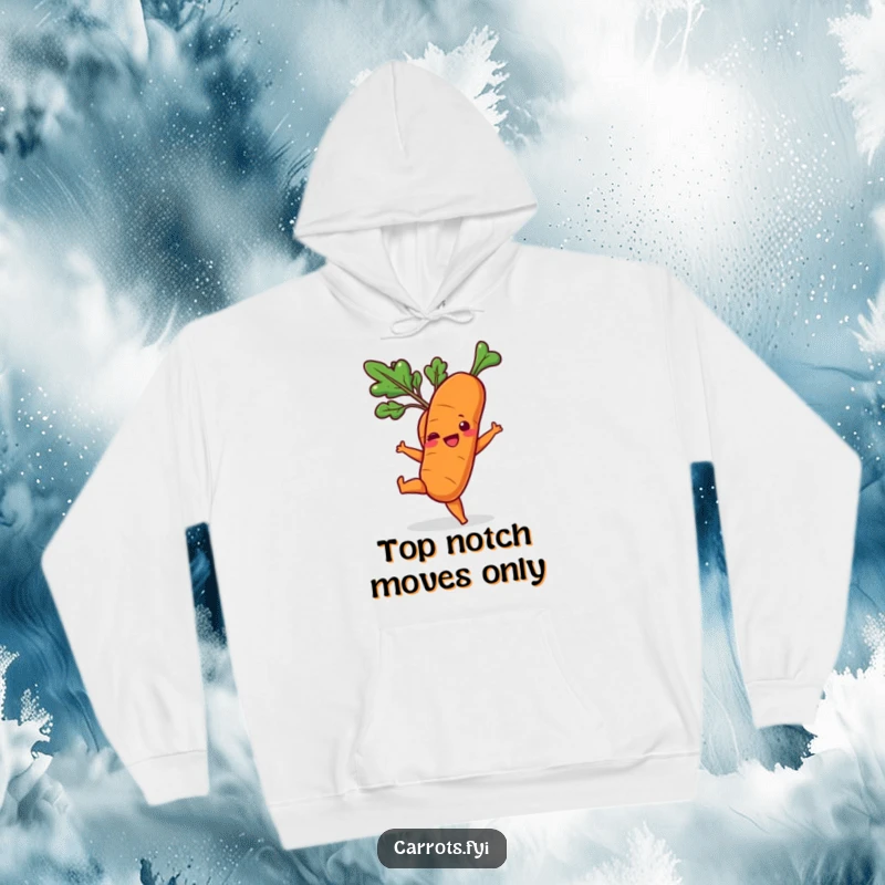 Funny hoodie showcasing a cartoon carrot performing a playful mid-air kick with its leafy top, full of life.