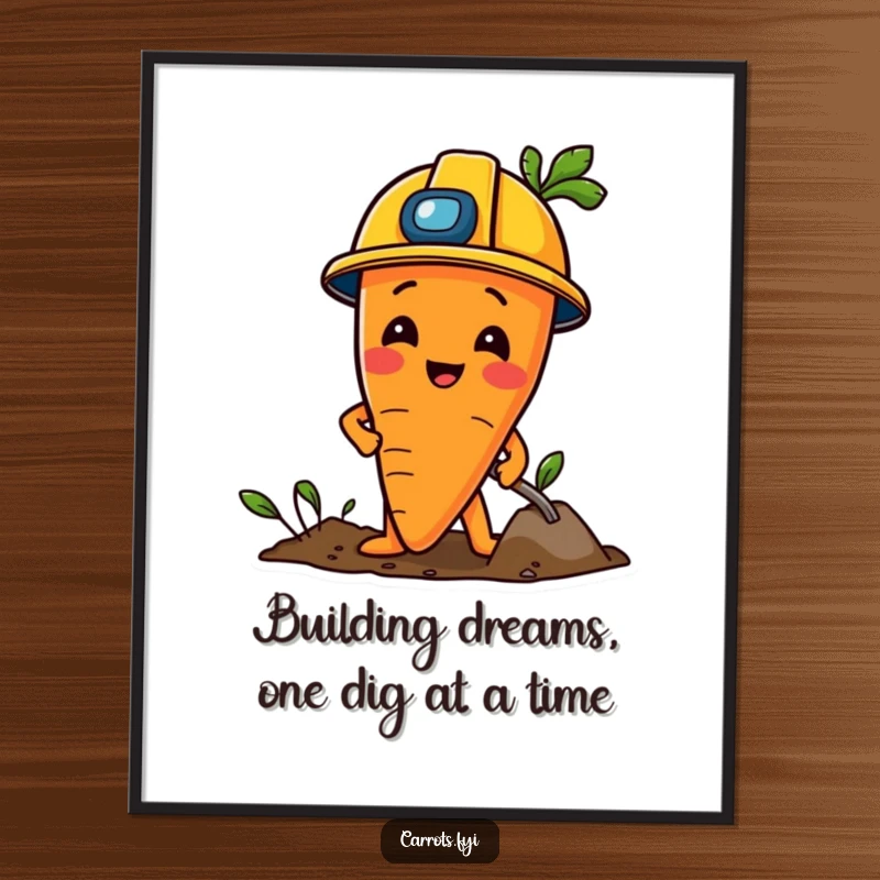 Funny Free Printable Wall Art of a carrot character wearing a construction helmet and digging playfully in the earth.