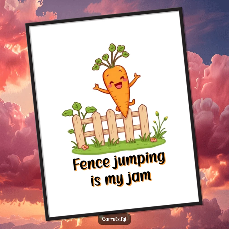 Funny Free Printable Wall Art: An anthropomorphic carrot happily leaps over a miniature garden fence, bringing energetic charm to any room.