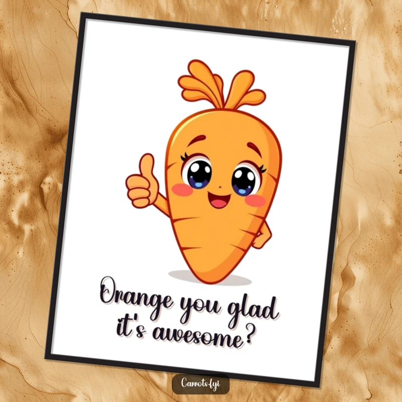 Funny Free Printable Carrot Wall Art: A happy carrot with big eyes gives a thumbs up, perfect for positive downloadable art.