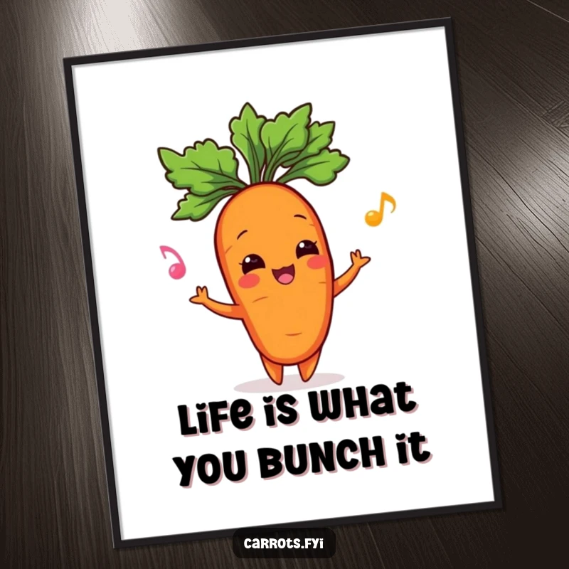 Funny Free Printable Wall Art: Whimsical carrot character playfully juggling its leafy crown. A humorous downloadable art piece.