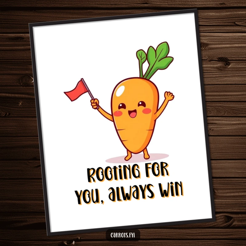 Funny Free Printable Wall Art: A kawaii carrot character enthusiastically waves a miniature flag, adding fun.