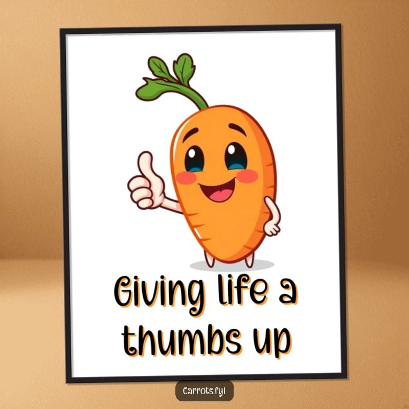 Funny Free Printable Wall Art of a bright, healthy carrot character giving a confident thumbs-up, radiating positivity and fun.