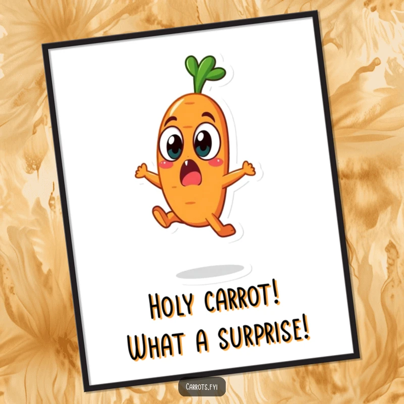 Funny Free Printable carrot character in a surprised leap with wide eyes, energetic veggie wall art.