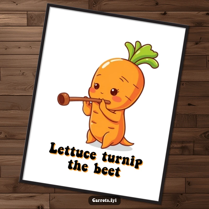 Funny Free Printable Wall Art: Anthropomorphic carrot playing a tiny flute with a hollow stalk, artistic and amusing.