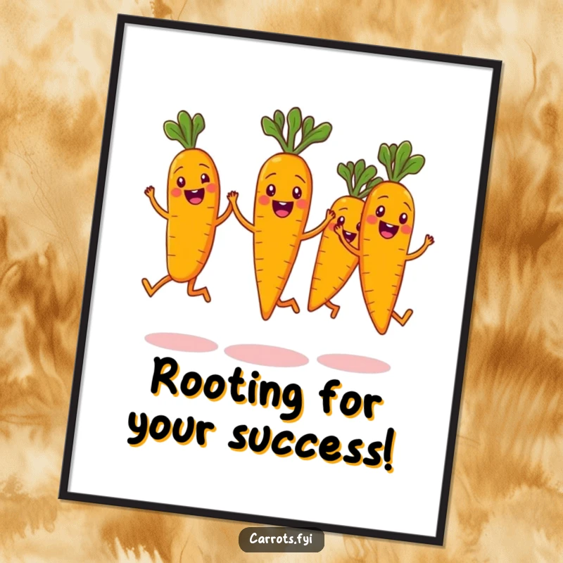 Funny Free Printable Wall Art: A group of wide-grinning carrots in a synchronized jumping pose, bringing energetic humor to any space, downloadable art.