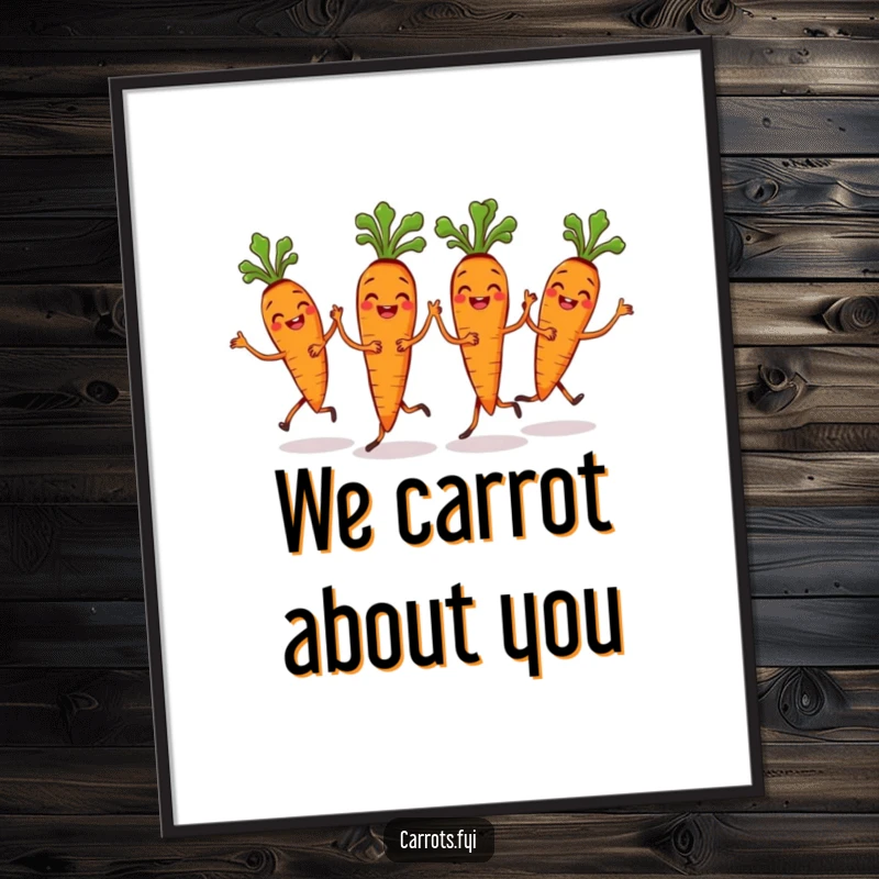 Funny Free Printable Wall Art: A grinning bunch of carrots performs a synchronized dance, bringing vibrant energy to any room.