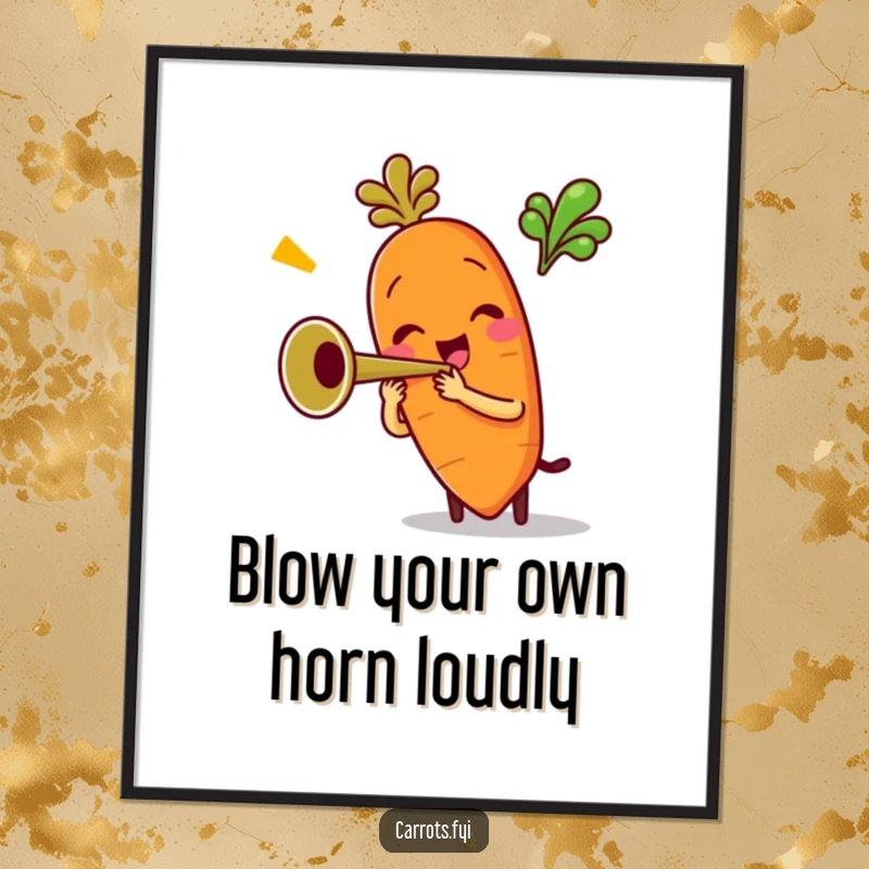 Funny Free Printable Wall Art: A carrot character enthusiastically playing a tiny trumpet, radiating cheerful energy and fun.