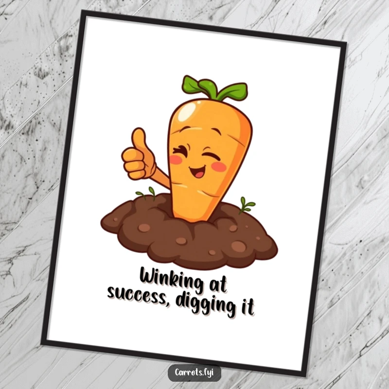 Funny Free Printable Wall Art of a carrot character winking while giving a thumbs up from beneath the soil.