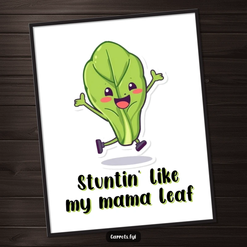 Funny free printable wall art of a happy spinach leaf character performing a hilarious, impossible stunt with a playful look.