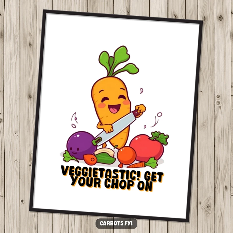 Funny Free Printable Wall Art: A carrot with a huge smile enthusiastically chopping a variety of vegetables.