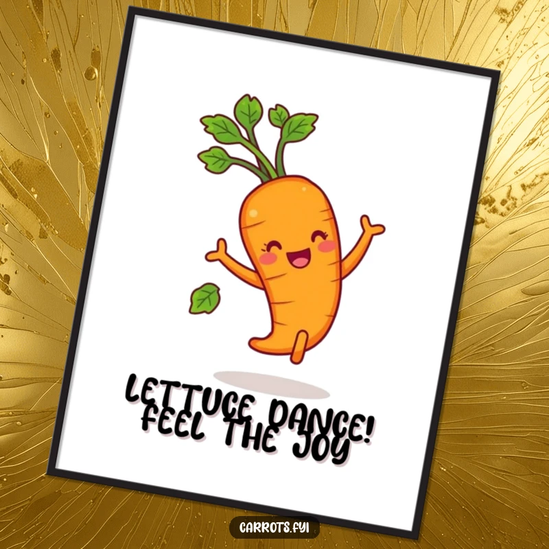 Funny Free Printable Wall Art: A carrot in a full-on joyful dance, surrounded by happily swaying leafy greens.