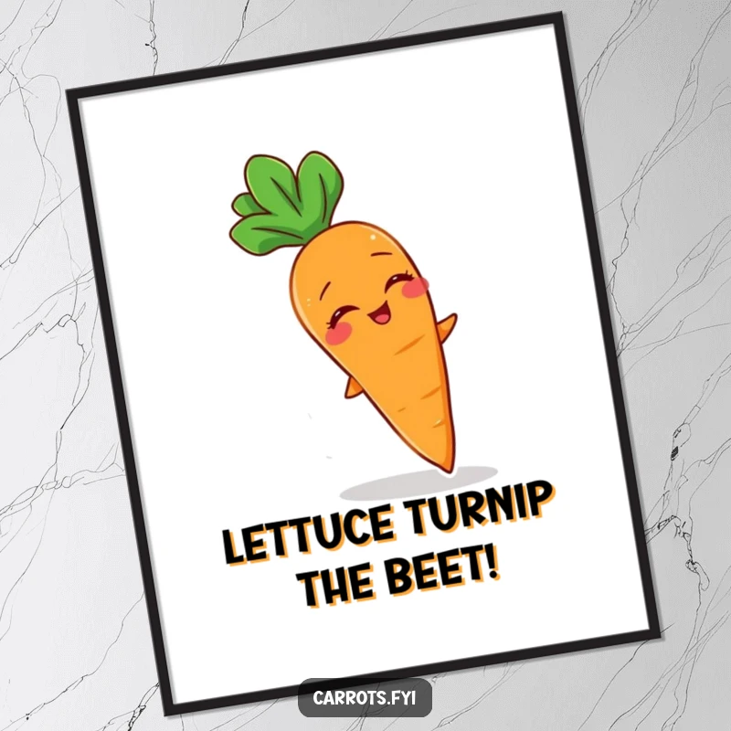 Funny Free Printable Wall Art: Giggling carrot character delightedly caught in a gentle breeze, leaves rustling, whimsical garden art.