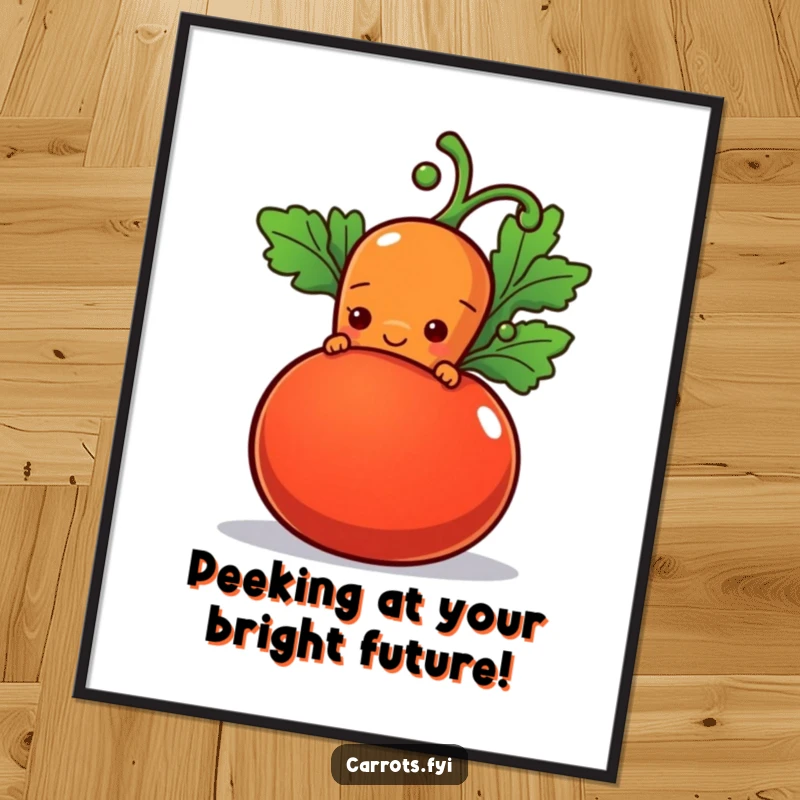 Funny Free Printable Wall Art: A shy carrot character peeks out from behind a plump tomato with a hopeful smile.