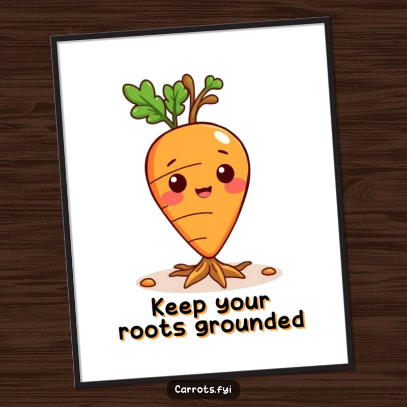 Funny Free Printable Wall Art: Playful carrot character with tiny roots emerging from its base, symbolizing growth and connection.