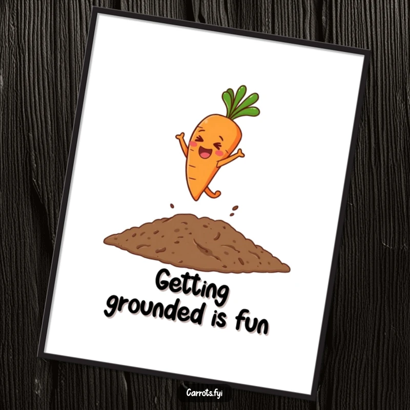 Free Printable Wall Art: a cheerful carrot character captured mid-leap, joyfully diving into a pile of rich soil.