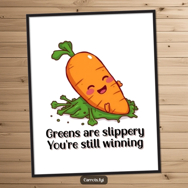 Funny Free Printable carrot character comically slipping on a spilled pile of greens, whimsical veggie wall art.