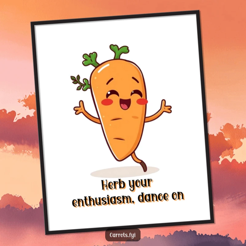 Funny Free Printable Wall Art: Carrot character doing a silly dance, seasoned with herbs, artistically rendered.