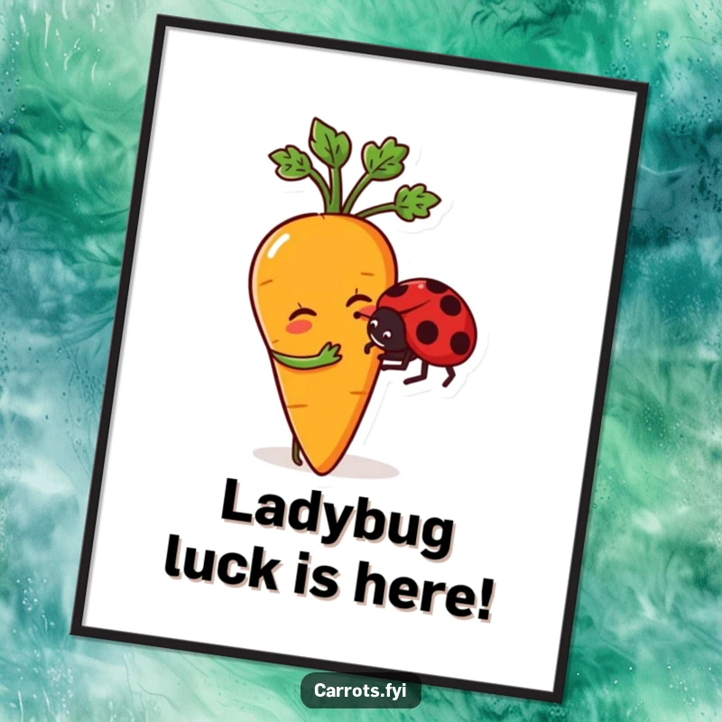 Funny Free Printable Wall Art: A joyful anthropomorphic carrot gently nudges a tiny ladybug, creating a heartwarming and playful scene.
