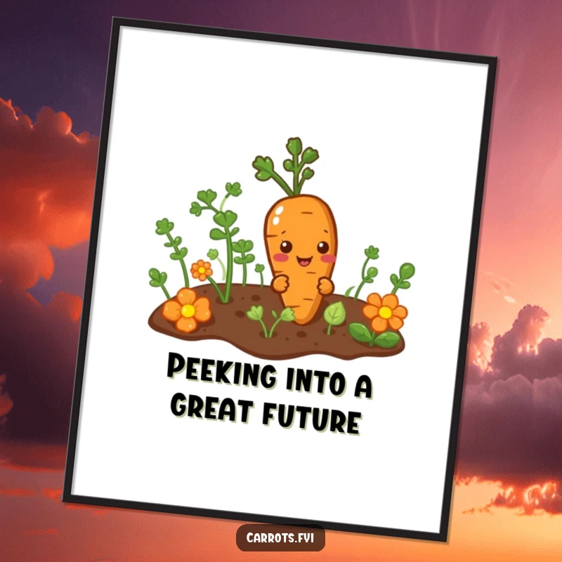 Funny Free Printable Wall Art: A carrot character with a mischievous expression peeking from a garden patch. Humorous downloadable art.