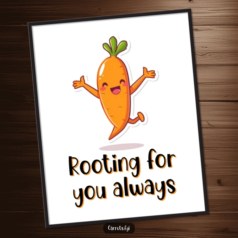 Funny Free Printable Wall Art: A whimsical anthropomorphic carrot character captured in a dynamic, playful jumping pose, bringing cheer.