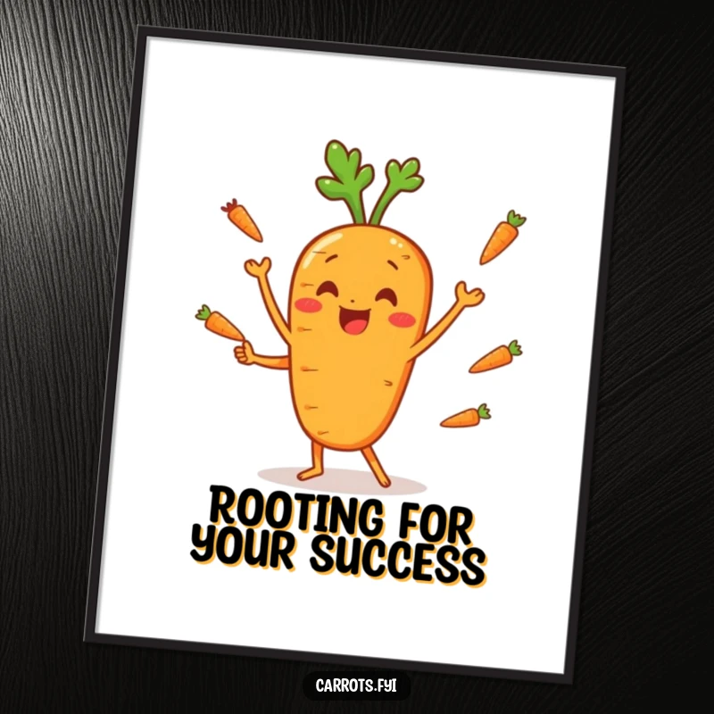 Funny Free Printable Wall Art: An anthropomorphic carrot joyfully juggling smaller carrot sticks, vibrant and fun.