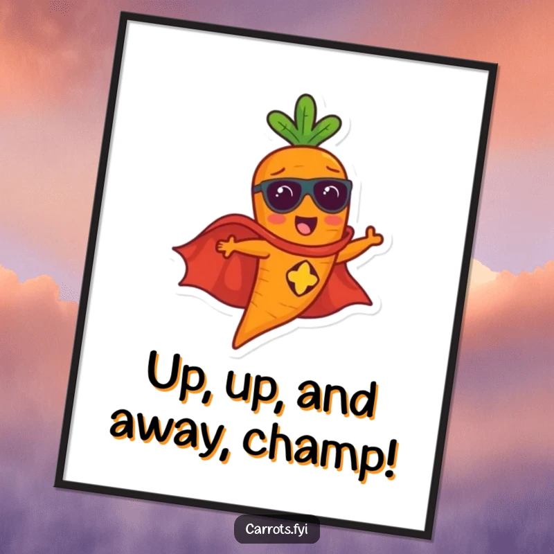 Funny Free Printable Wall Art: A carrot in a bright superhero cape soaring through the sky with amazing speed and power.
