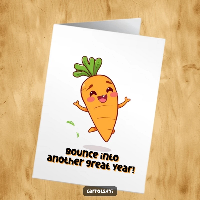 Funny Free Printable Birthday Card: Carrot with a wide grin bounces playfully, leaving a trail of fresh scent.