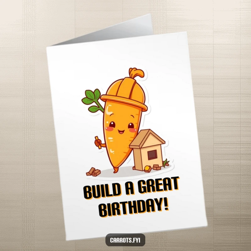 Funny Free Printable Birthday Card: A carrot wearing a hard hat meticulously building a small food structure, ready for a birthday surprise.