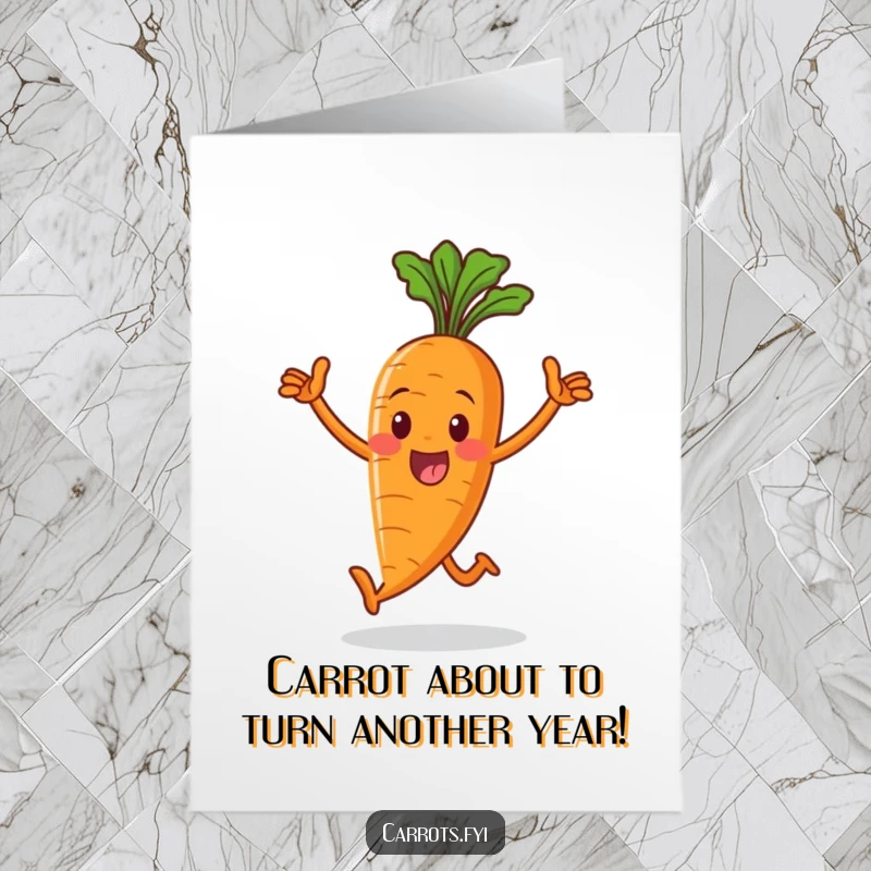 Funny Free Printable Birthday Card: A whole carrot in a suit takes a victorious stride, celebrating a special occasion.