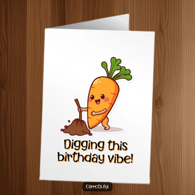 Funny Free Printable Birthday Card: An energetic anthropomorphic carrot happily digs with both hands, preparing a surprise.
