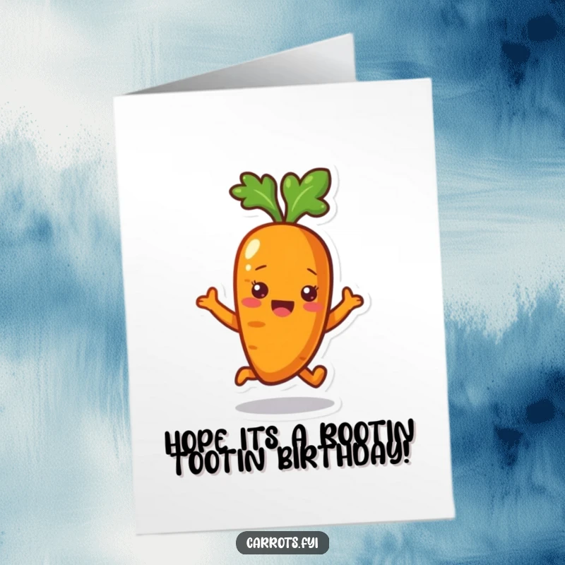 Funny Free Printable Birthday Card: A cheerful carrot character joyfully bouncing, spreading birthday cheer and energy.