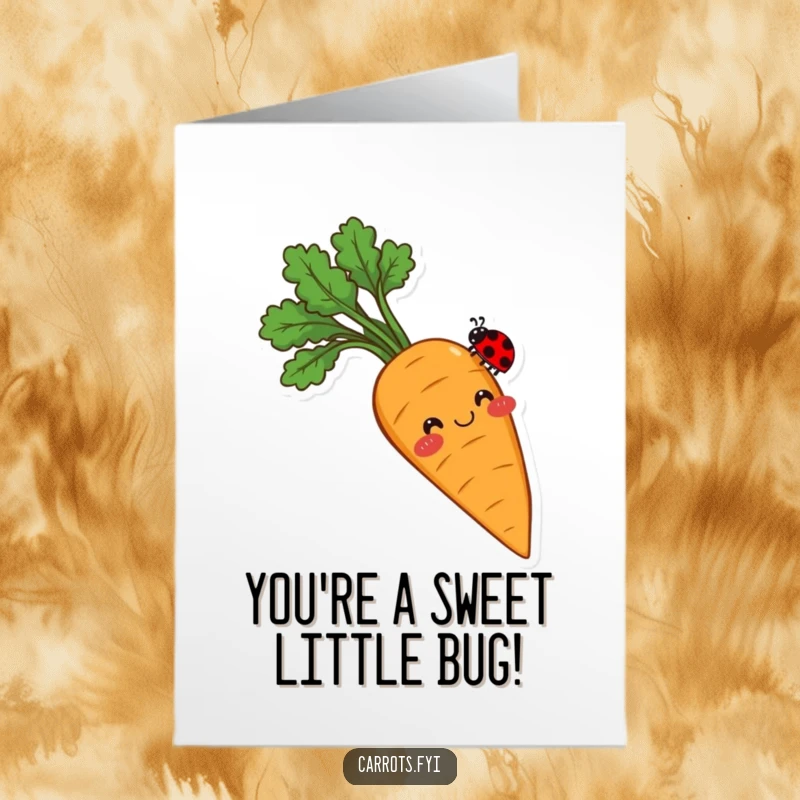 Funny Free Printable Birthday Card: A smiling carrot with rosy cheeks skillfully balancing a tiny ladybug, a charming and humorous scene, a downloadable gift.
